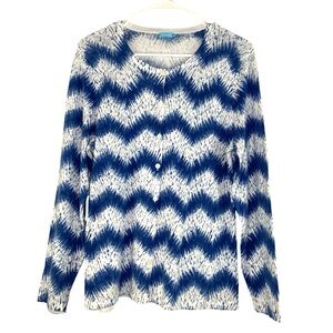 J Mclaughlin Blue and White Ikat Chevron Cardigan Sweater